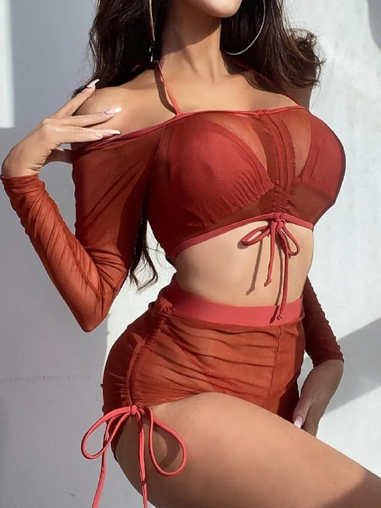 Long Sleeve Shirt Wirefree Bra and Highwaist Bottom Three-Piece Beachwear Set