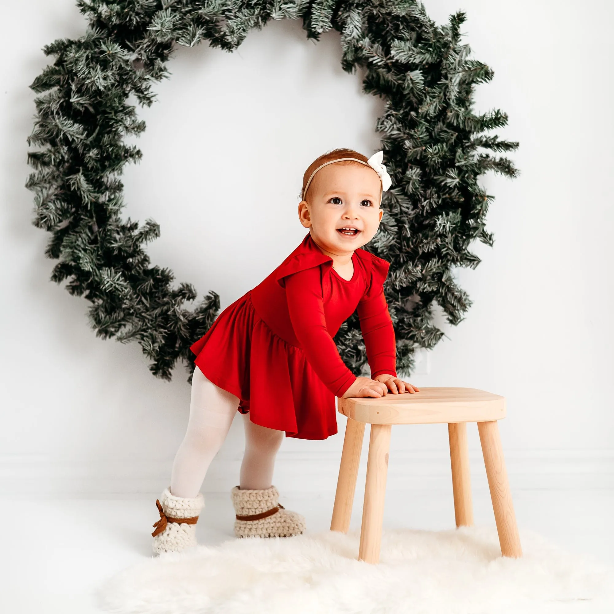 Long Sleeve Twirl Bodysuit Dress in Cardinal