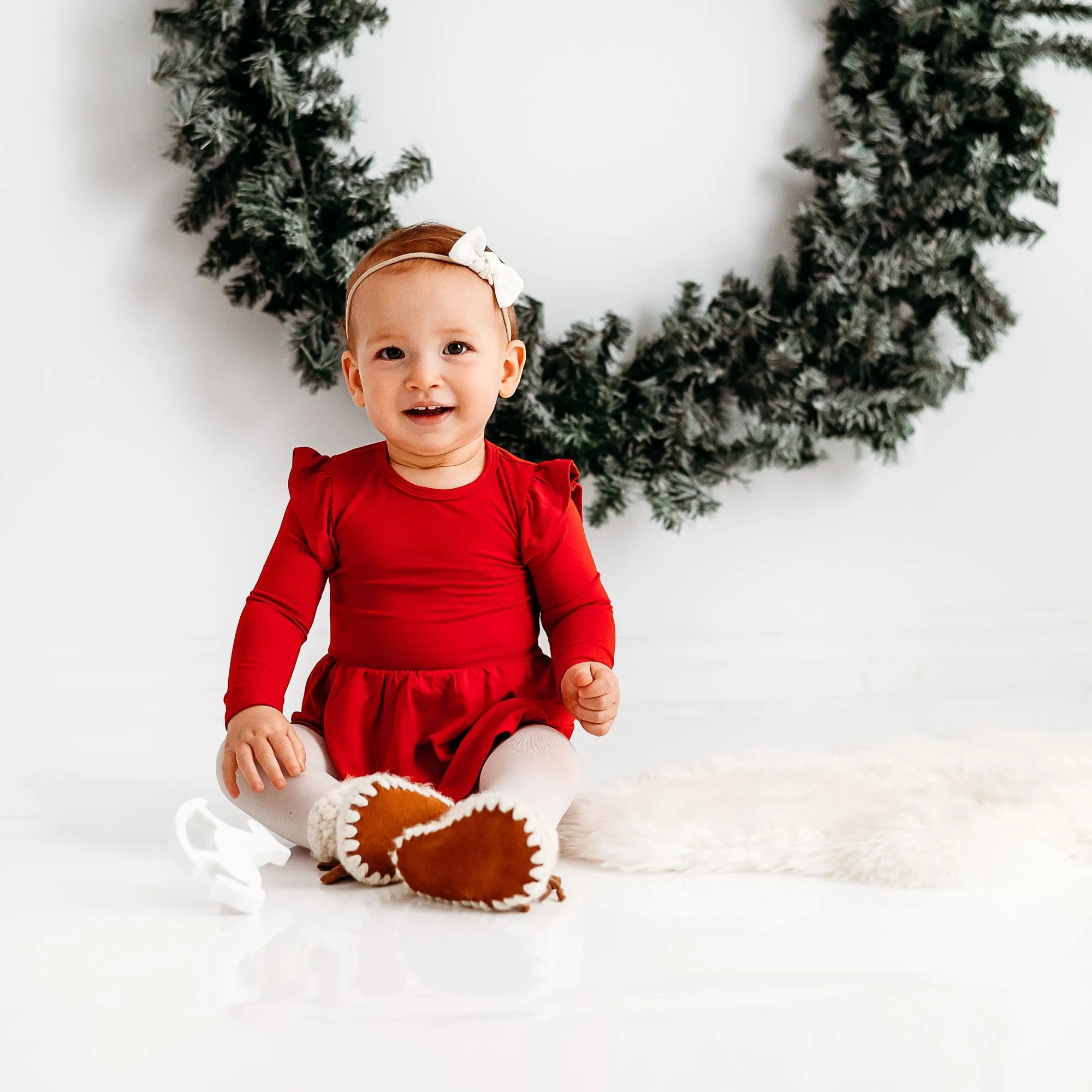 Long Sleeve Twirl Bodysuit Dress in Cardinal