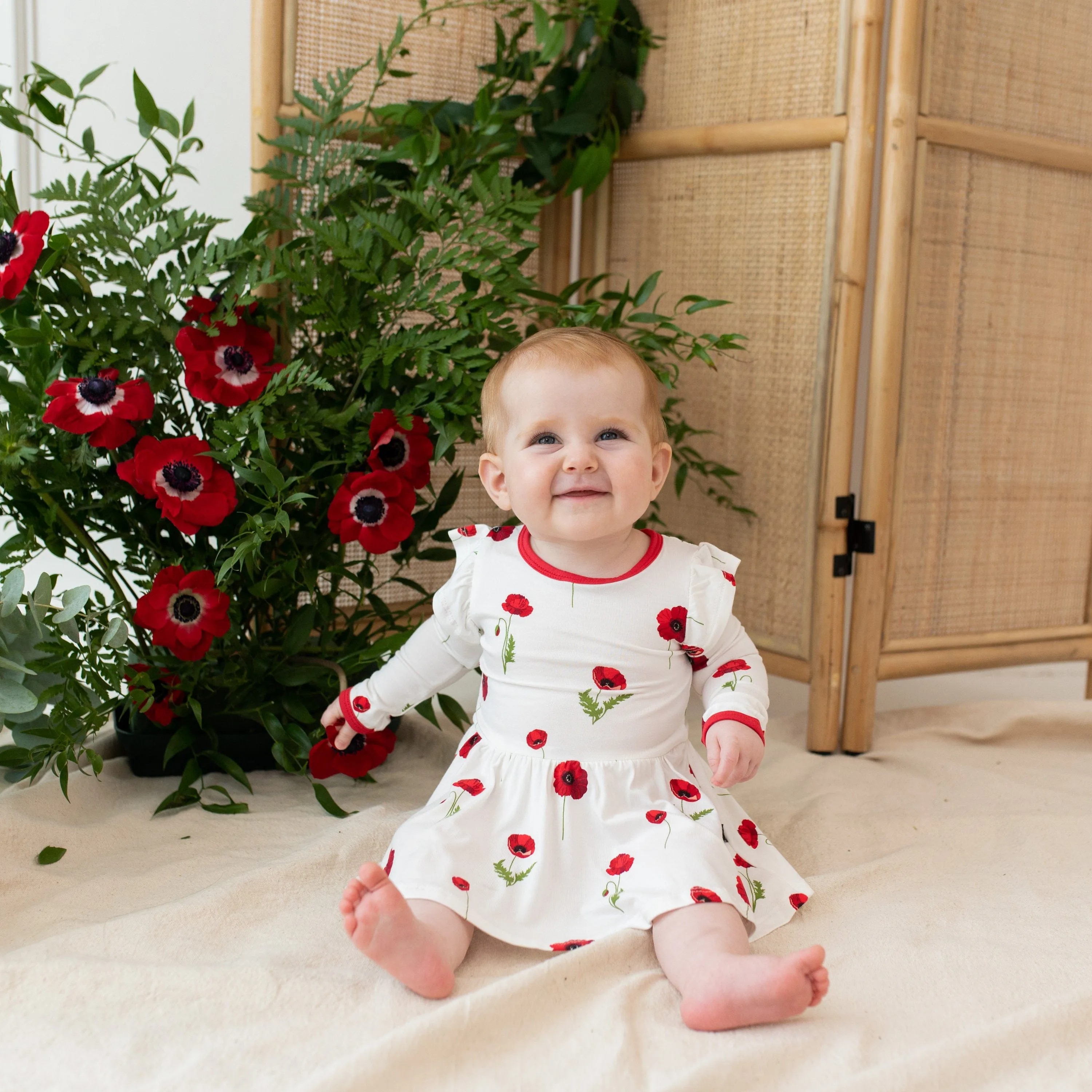 Long Sleeve Twirl Bodysuit Dress in Cloud Poppies