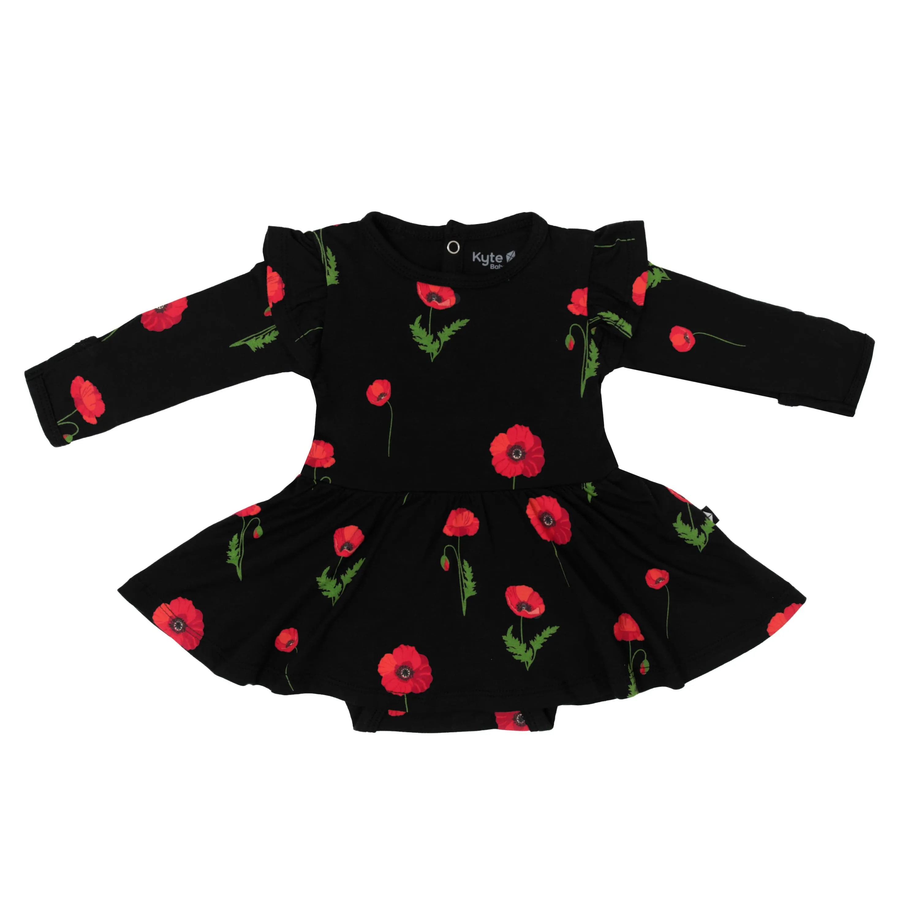 Long Sleeve Twirl Bodysuit Dress in Midnight Poppies