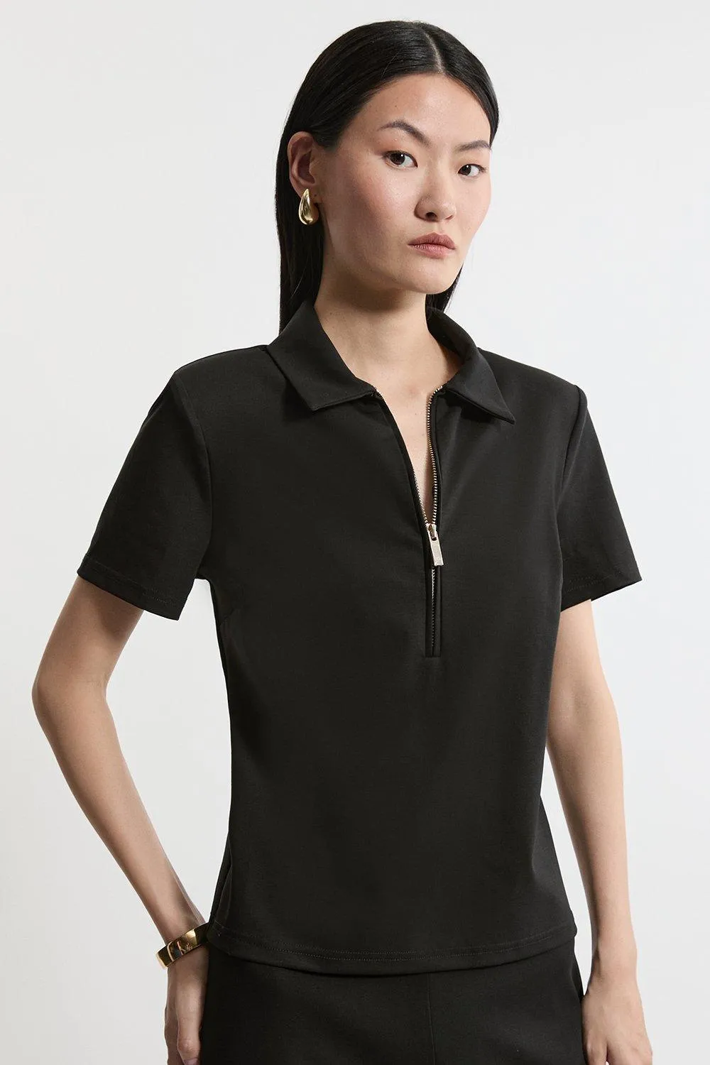 Luxe Ponte Jersey Polo Shirt | Karen Millen