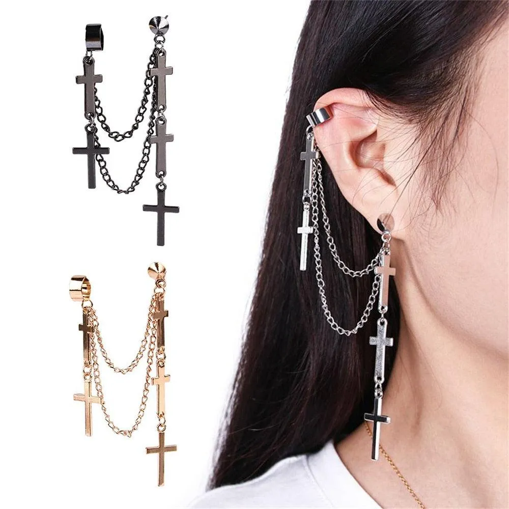 Multi Layered Cross Chain Dangle Drop Earring