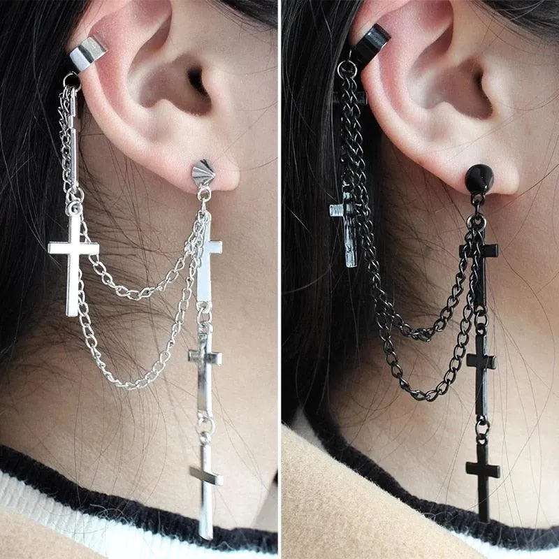 Multi Layered Cross Chain Dangle Drop Earring