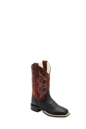 Old West Youth Unisex Broad Square Toe Black/Burnt Red Leather Cowboy Boots 4 D