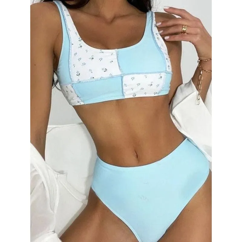 Patchwork Bandeau Style Bra Low Waist Solid Color Thong Bikini Swimsuit