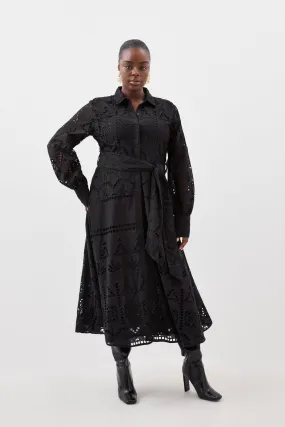 Plus Size Cotton Broderie Belted Woven Maxi Dress | Karen Millen