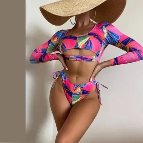 Sexy Multicolor Printed Hollow Out Wirefree Long Sleeve Bikini Swimwear