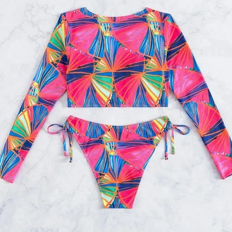 Sexy Multicolor Printed Hollow Out Wirefree Long Sleeve Bikini Swimwear