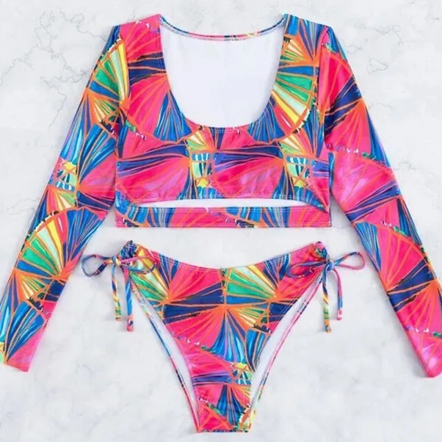 Sexy Multicolor Printed Hollow Out Wirefree Long Sleeve Bikini Swimwear