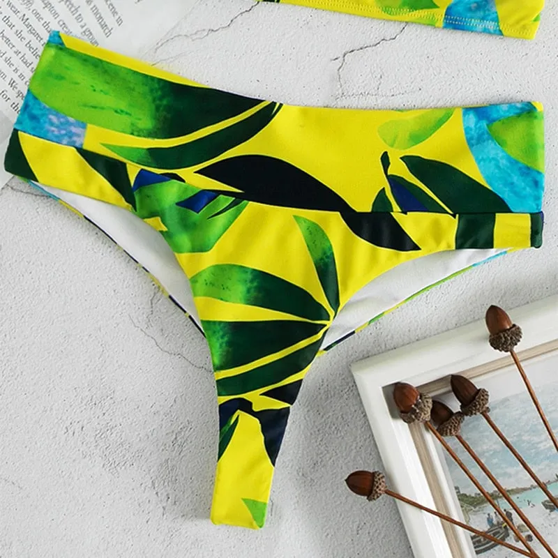 Sexy Vibrant Print Pattern Bandeau Style 2pcs Swimsuit for Women