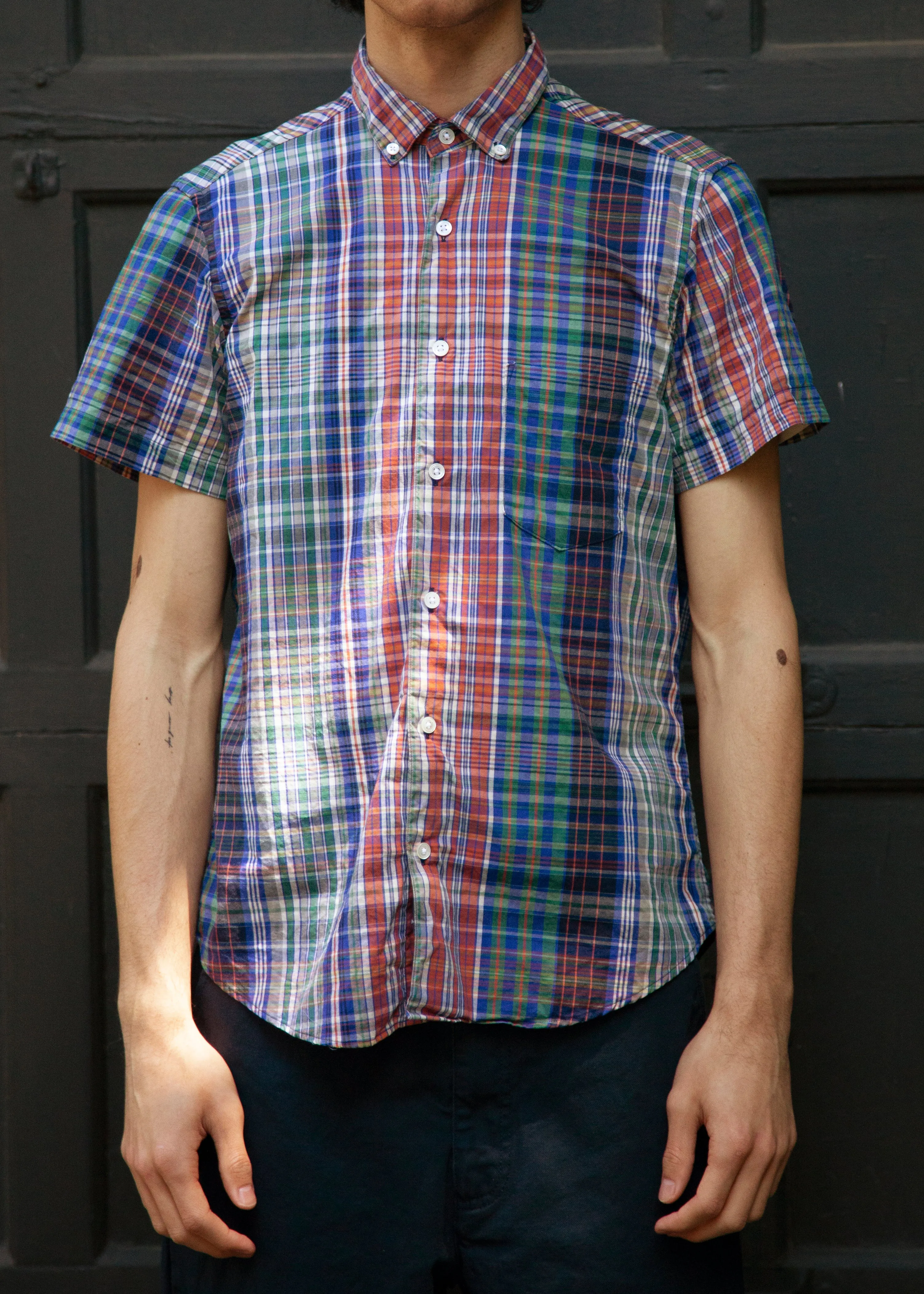 Short Sleeve Single Needle Shirt, Red Madras