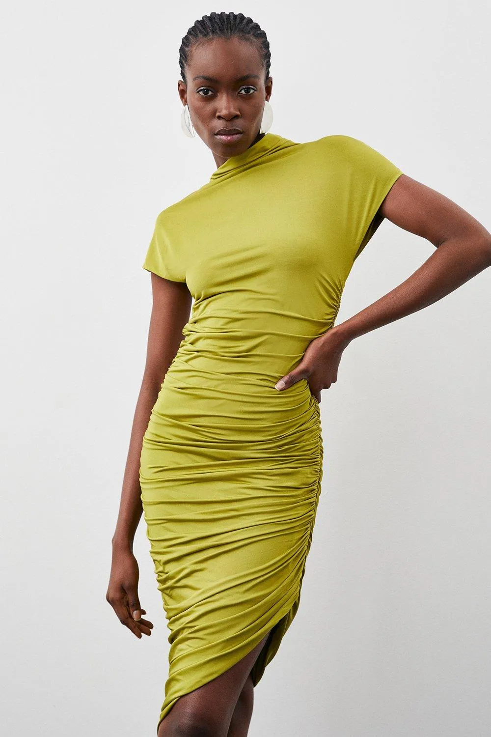 Slinky Jersey Ruched Asymmetric Midi Dress | Karen Millen