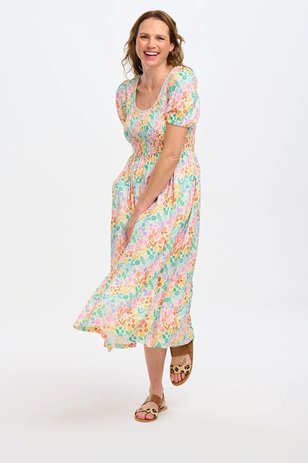 Sugarhill Brighton Patrice Rainbow Botanical Floral Midi Shirred Dress