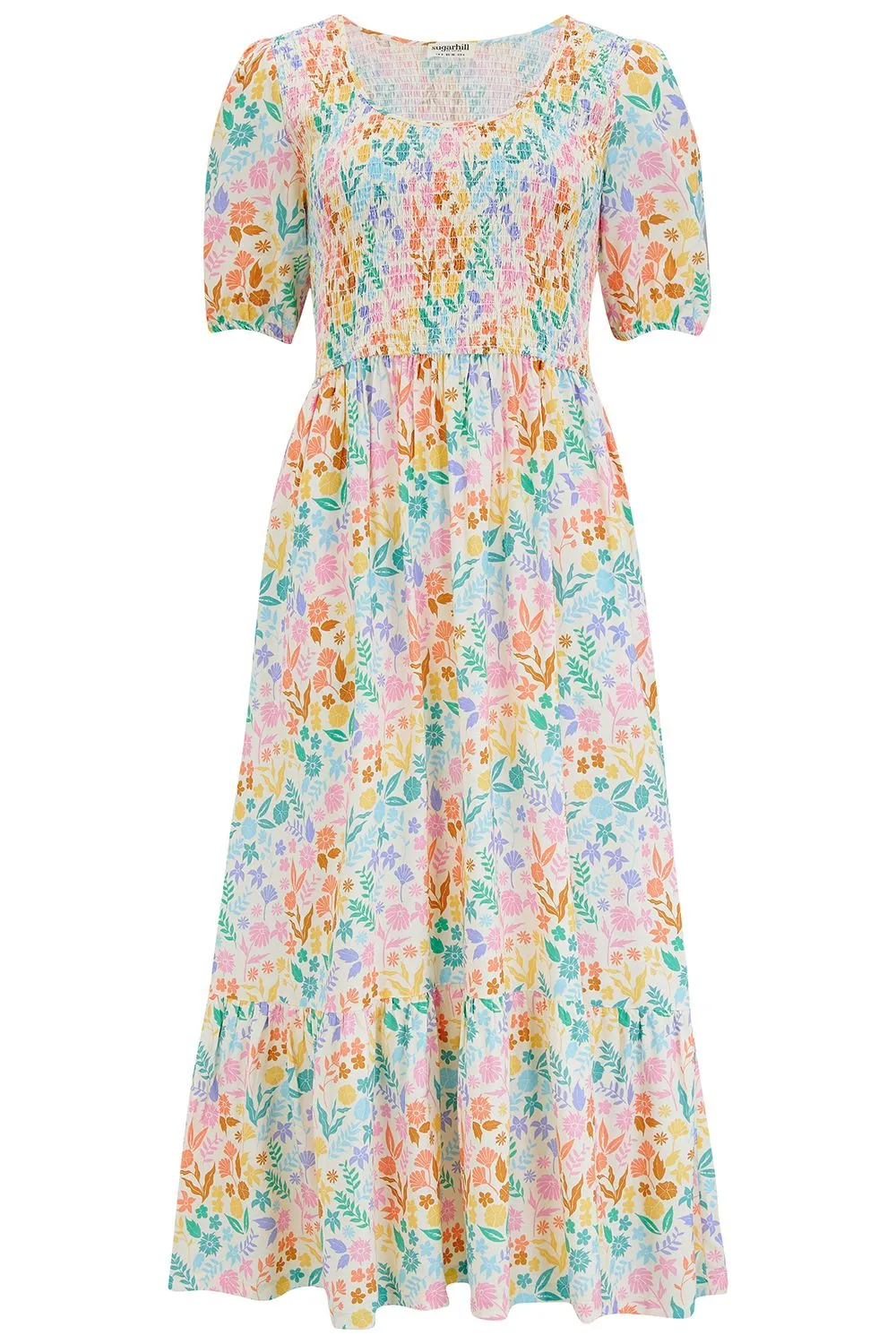 Sugarhill Brighton Patrice Rainbow Botanical Floral Midi Shirred Dress