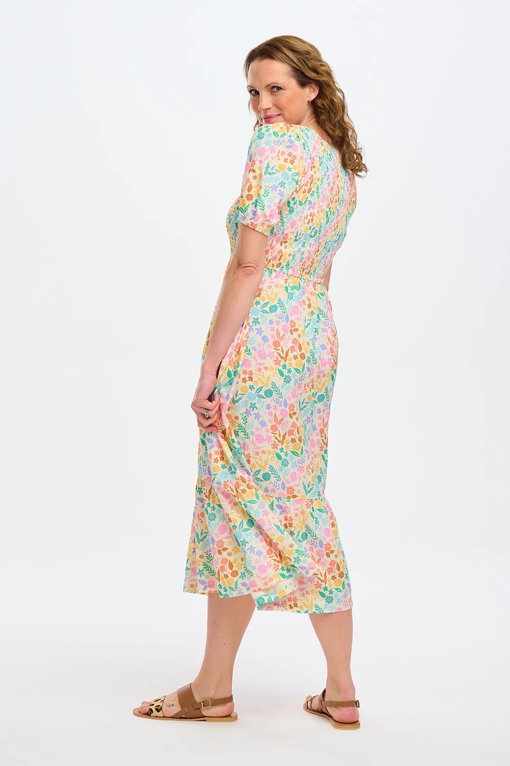 Sugarhill Brighton Patrice Rainbow Botanical Floral Midi Shirred Dress