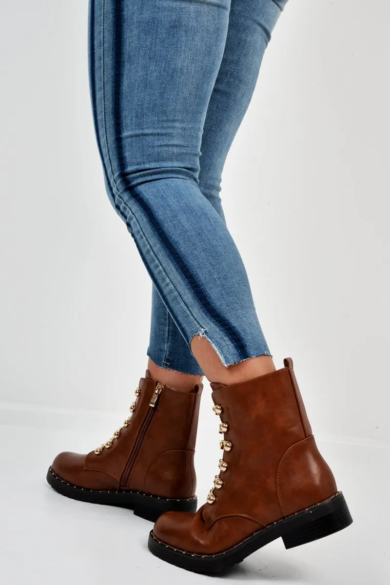 Tan PU Chain Detail Biker Boots - Fischer