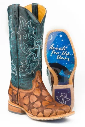 Tin Haul Womens Brown/Blue Leather Wish Upon A Star Cowboy Boots