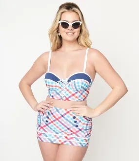 Unique Vintage Pastel Madras Plaid Lace Up Swim Top