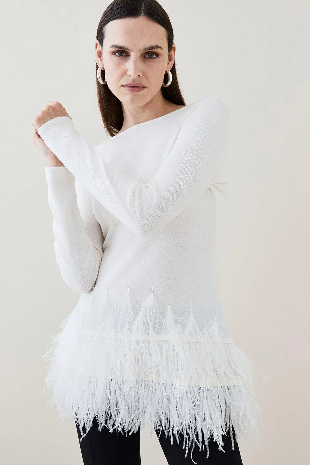 V Back Feather Hem Swing Jumper | Karen Millen