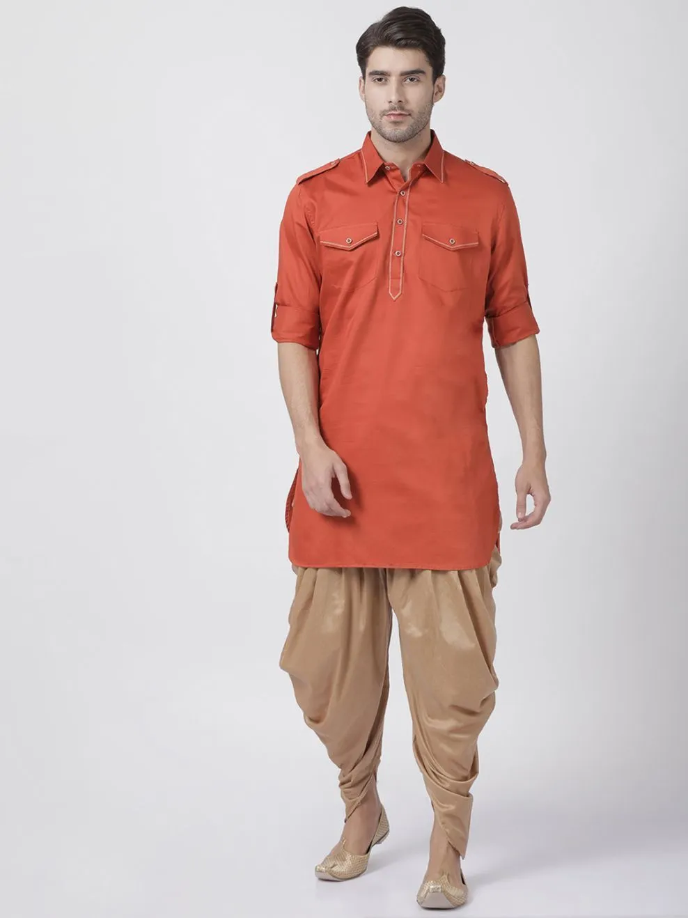 VASTRAMAY Men's Orange Cotton Blend Pathani Suit Set