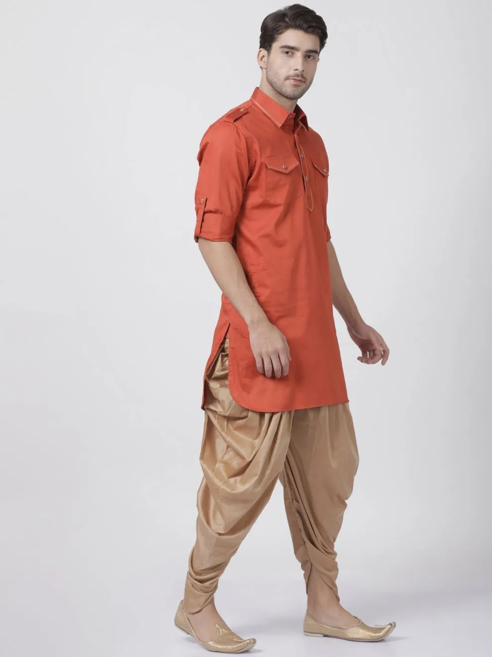 VASTRAMAY Men's Orange Cotton Blend Pathani Suit Set