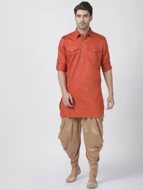 VASTRAMAY Men's Orange Cotton Blend Pathani Suit Set