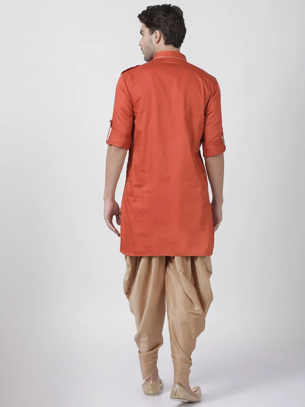 VASTRAMAY Men's Orange Cotton Blend Pathani Suit Set