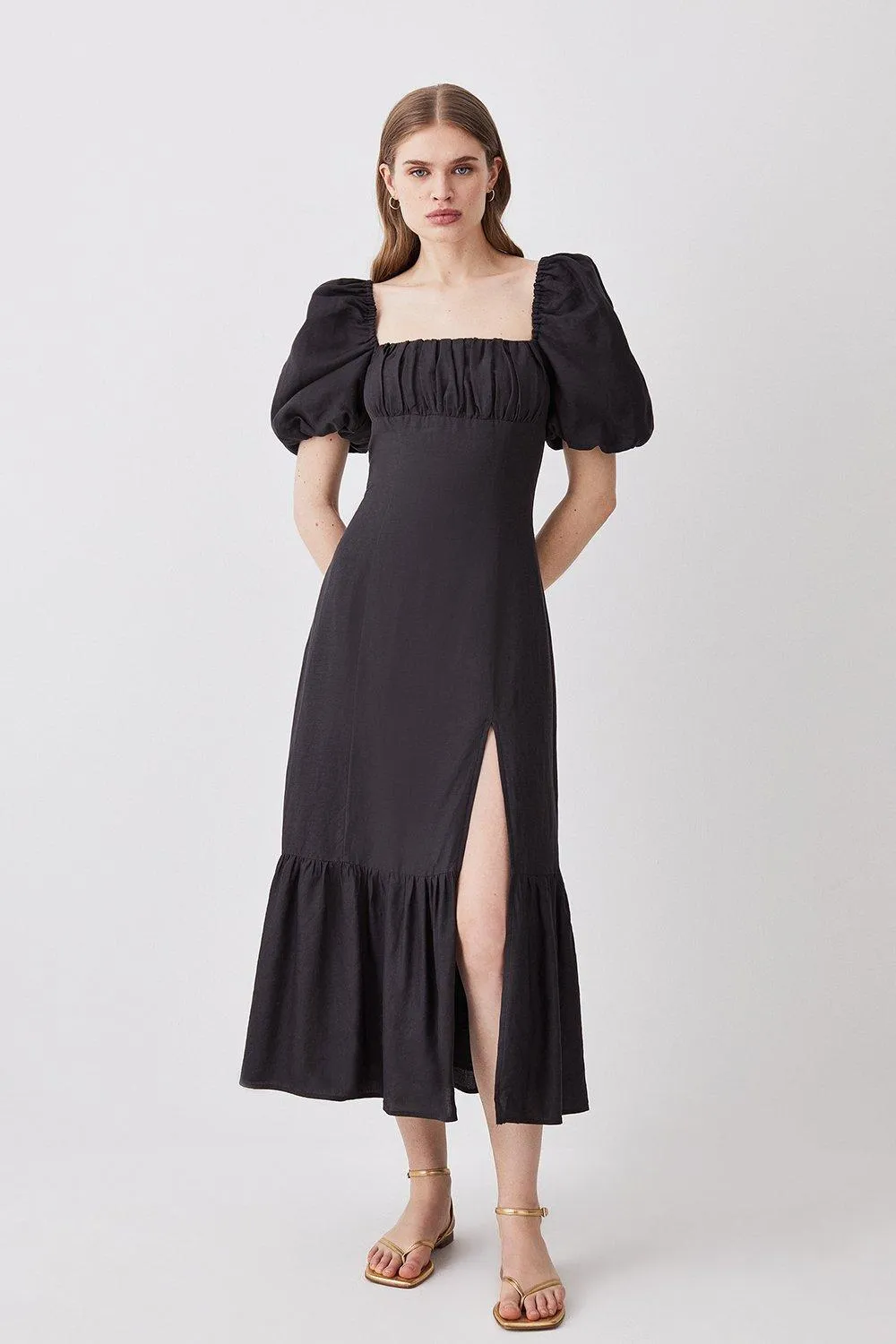 Viscose Linen Woven Puff Sleeve Midi Dress | Karen Millen