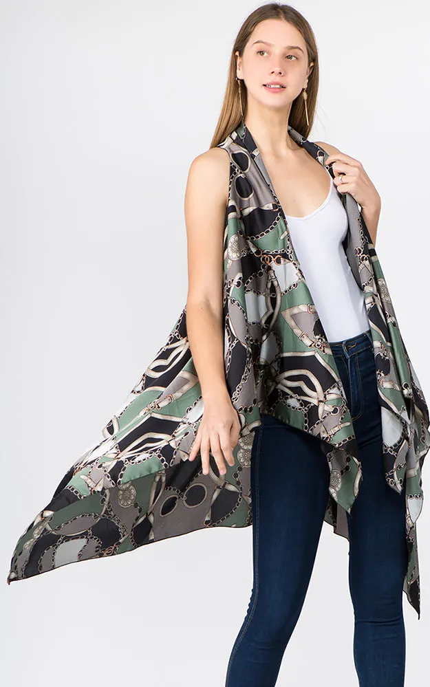 VP1C71 Chain & Belt Printed Scarf Long Vest