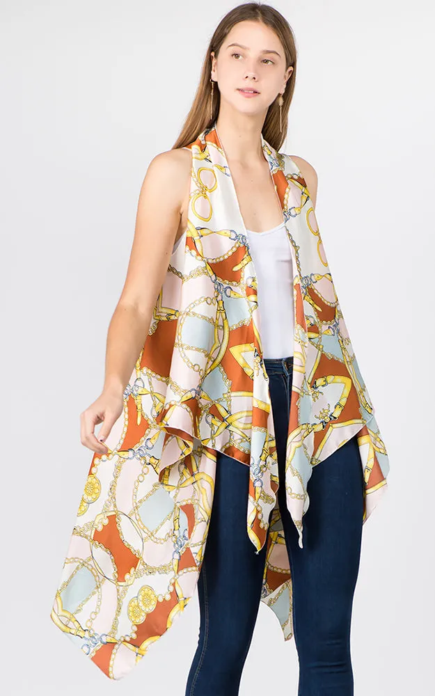 VP1C71 Chain & Belt Printed Scarf Long Vest