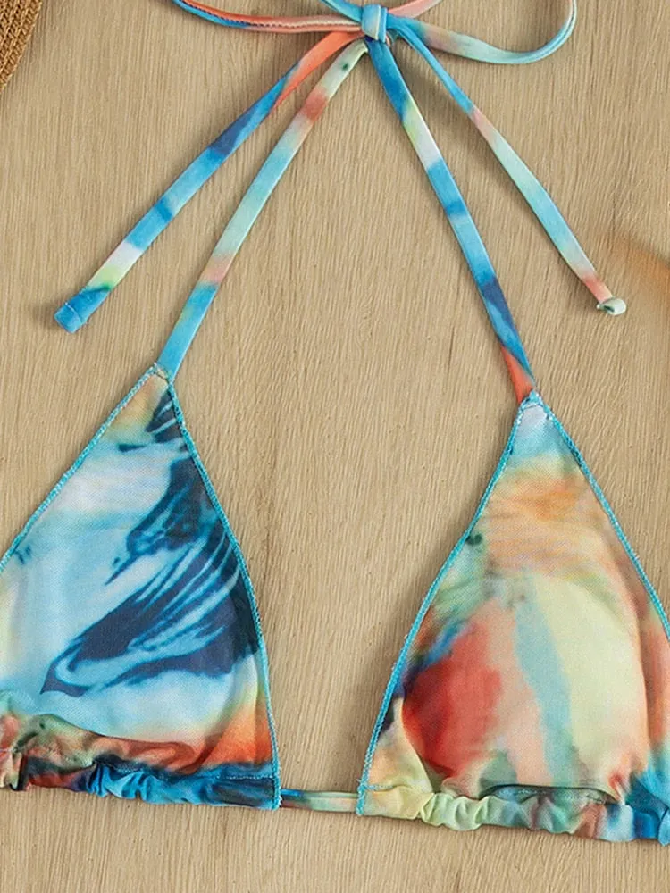 Women's 3 Piece Bathing Suit Tie-Dye Halter Neck Padded Bikini Set Swimwear