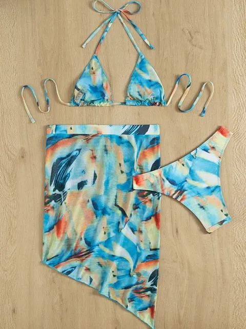 Women's 3 Piece Bathing Suit Tie-Dye Halter Neck Padded Bikini Set Swimwear