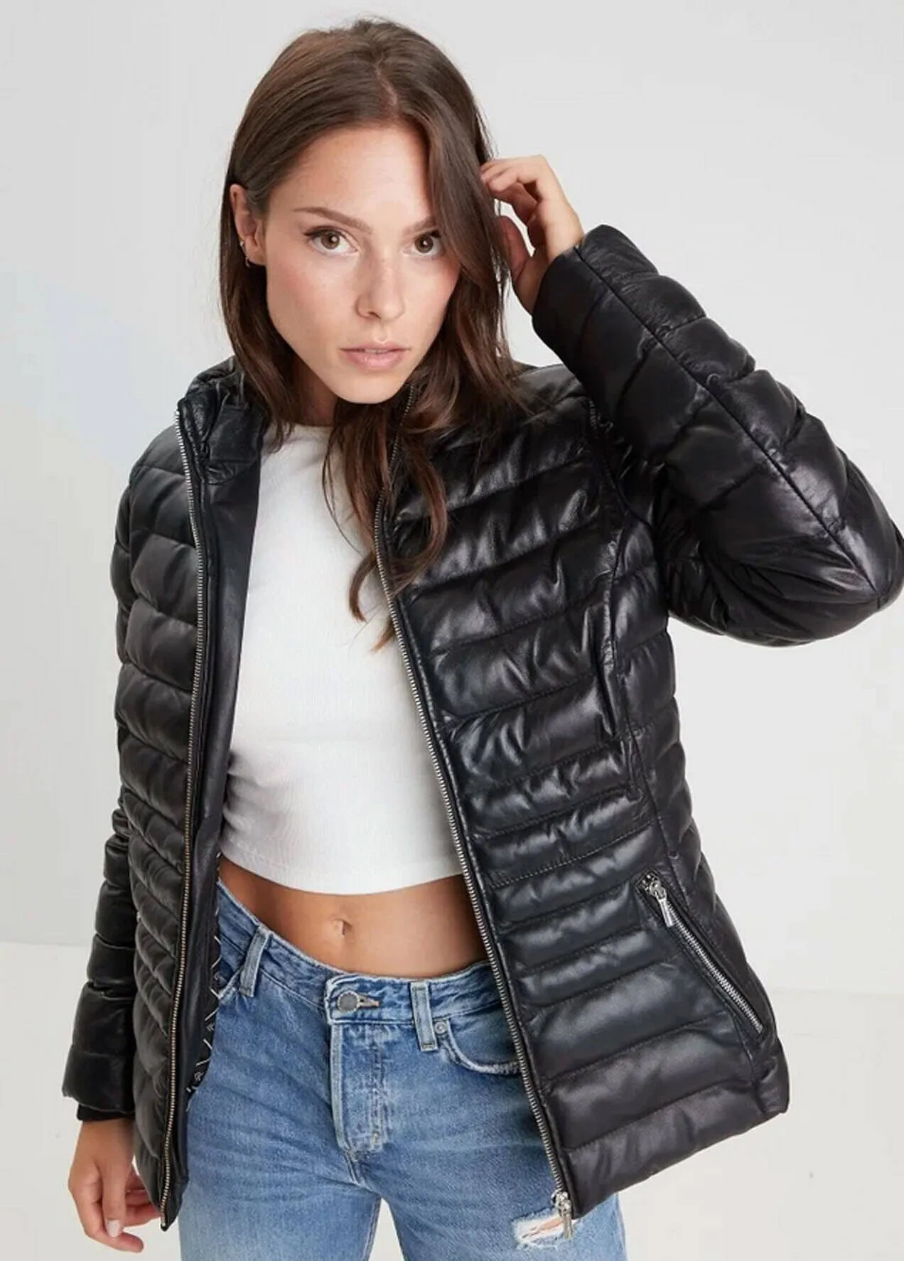 Women's black leather down jacket 102034