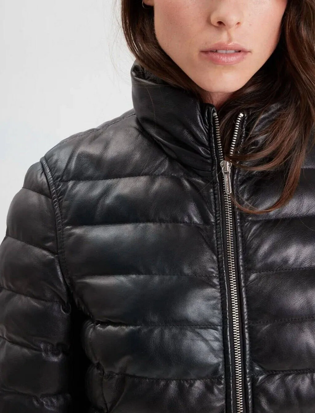 Women's black leather down jacket 102034