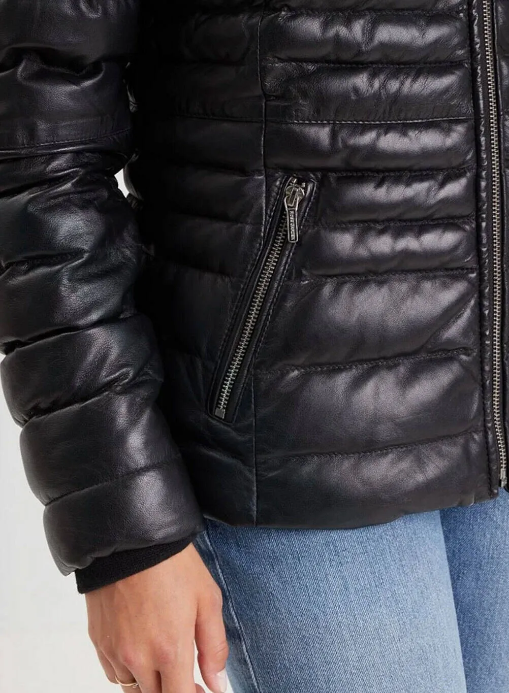 Women's black leather down jacket 102034