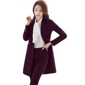 Women's Burgundy Color Puff Sleeve Blazer Mid Waist Trousers Two-piece Set