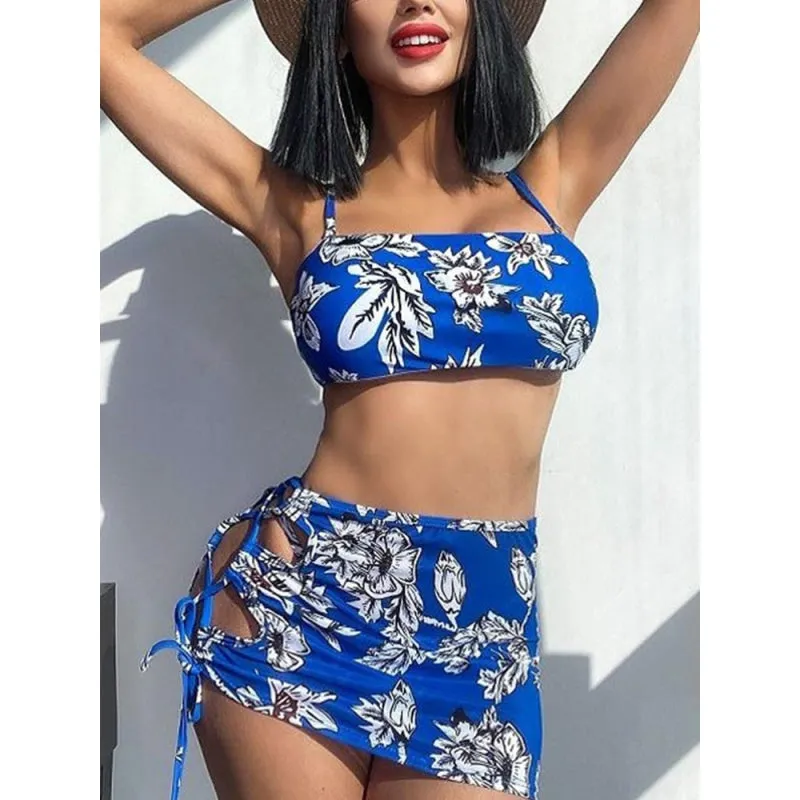 Women's Sexy Brazilian Style Floral Printed Three Piece Bikini Swimsuit