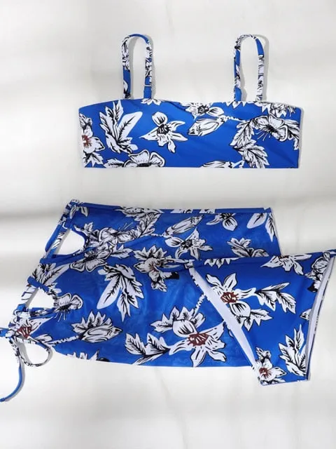 Women's Sexy Brazilian Style Floral Printed Three Piece Bikini Swimsuit