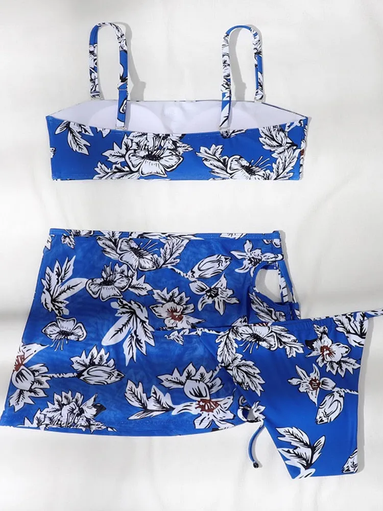 Women's Sexy Brazilian Style Floral Printed Three Piece Bikini Swimsuit