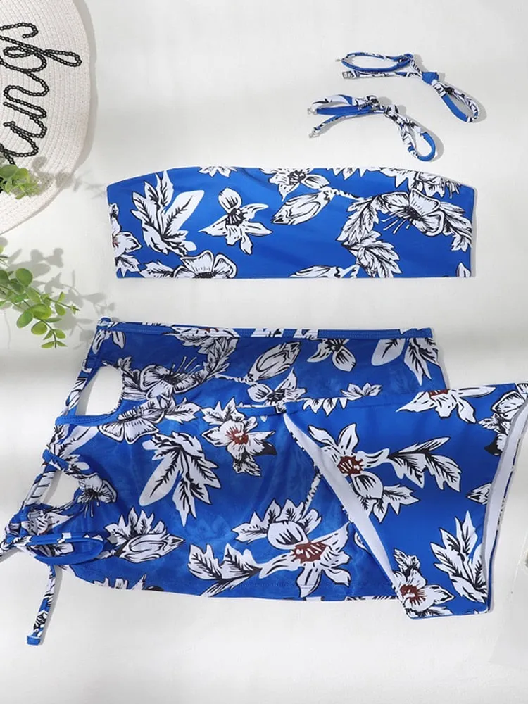 Women's Sexy Brazilian Style Floral Printed Three Piece Bikini Swimsuit