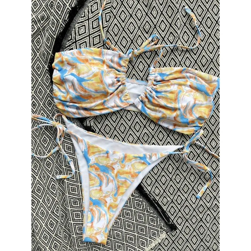 Women's Sexy Crossed Neck Wirefree Low Waist Printed Swimwear Bikini Set