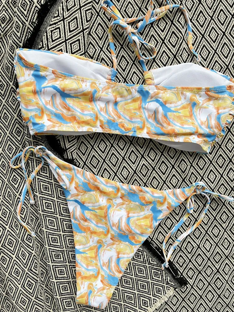 Women's Sexy Crossed Neck Wirefree Low Waist Printed Swimwear Bikini Set